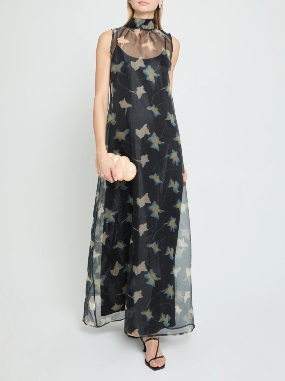 Few Moda Caara Sheer Floral Maxi Dress in Navy Blue